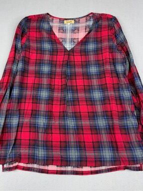 PIKO 1988 Plaid Rayon Boho Peasant Blouse Women’s Small Red Blue V Neck